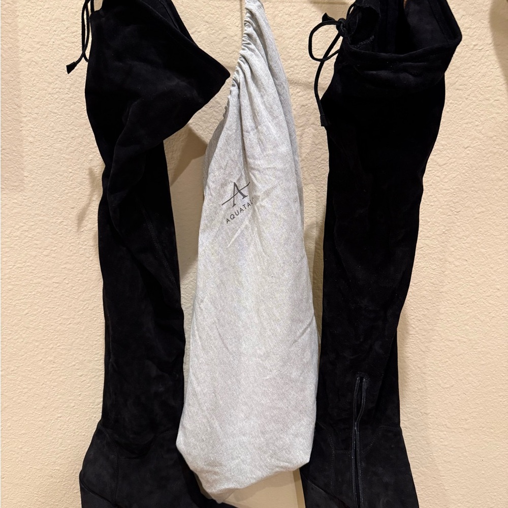 Aquatalia Black Suede Thigh-High Lace-Back Boots